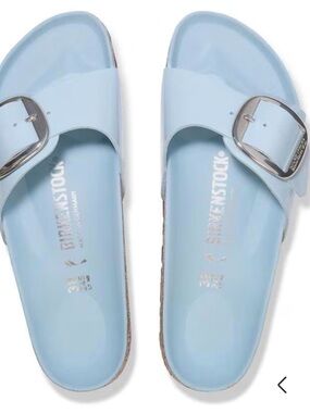 Birkenstock Patent Single-Strap Slides in Baby Blue High Shine
